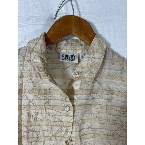 Chicos Design Button Up 1 Medium Tan Beige 100% Silk Embroidered Tunic - Picture 6 of 10